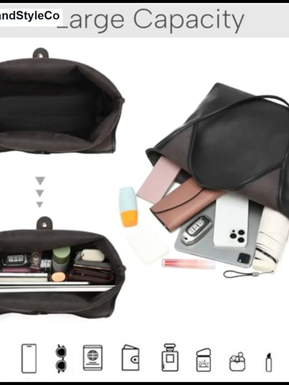 Slouchy Vegan Leather Hobo Shoulder Bag with Cosmetic Pouch